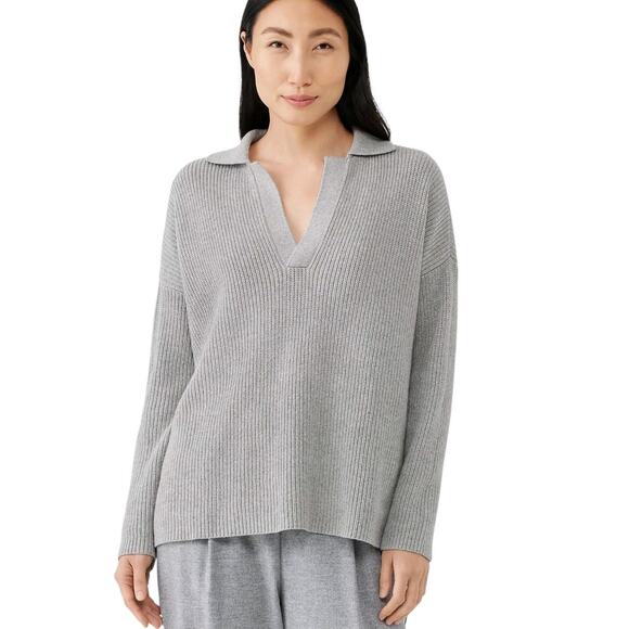 EILEEN FISHER M Sweater Gray Ribbed Collared V-Neck Organic Cotton & Cashmere 44 - Picture 1 of 9